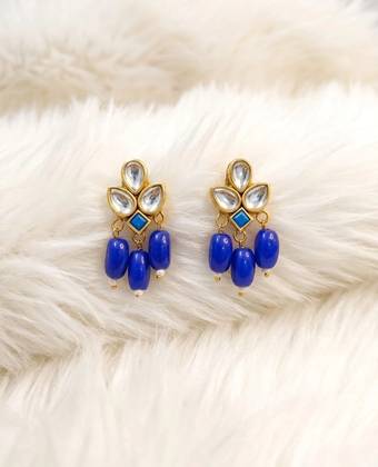Kundan Stud Earrings with Bead Drops - Gold Plated Small Kundan Tops Earrings for Festive Wear