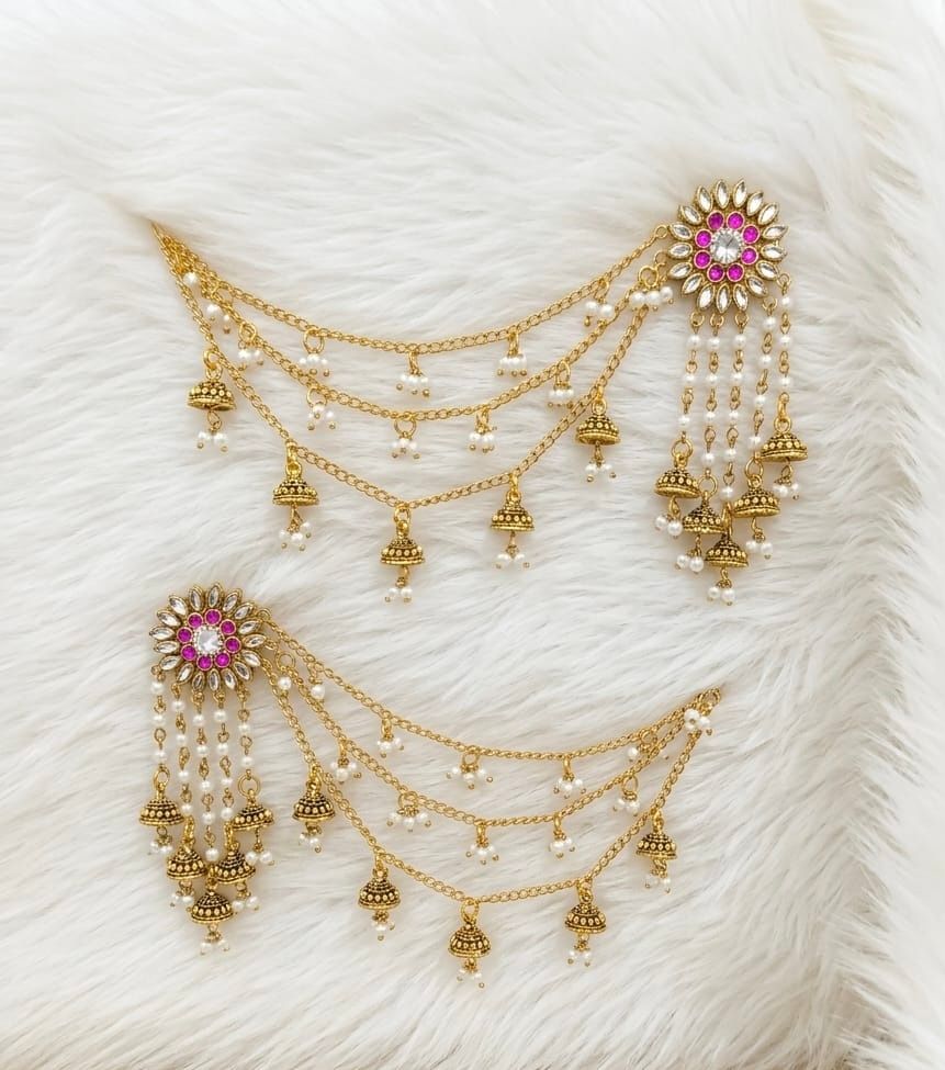 Antique Gold Bahubali Jhumka Earrings - 3 Layer Sahara Chain with  Kundan Flower Stud