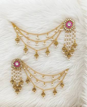 Antique Gold Bahubali Jhumka Earrings - 3 Layer Sahara Chain with Kundan Flower Stud