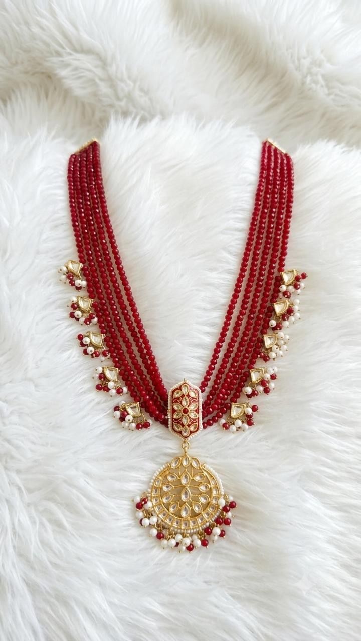 Bridal Red Beads Indian Kundan Mala Set  6 Layer Long Mala with menakari  Kundan Pendant