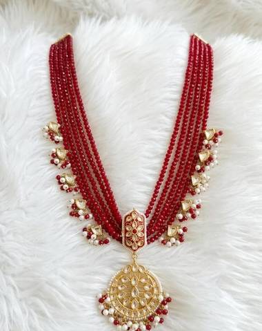 Bridal Red Beads Indian Kundan Mala Set 6 Layer Long Mala with menakari Kundan Pendant