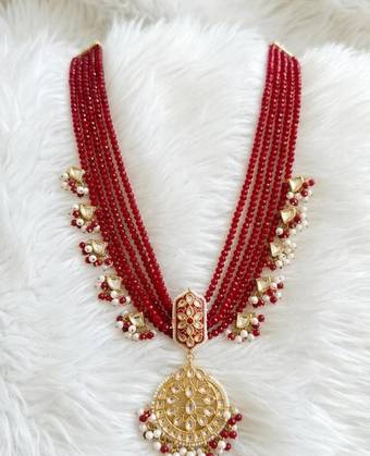 Bridal Red Beads Indian Kundan Mala Set 6 Layer Long Mala with menakari Kundan Pendant