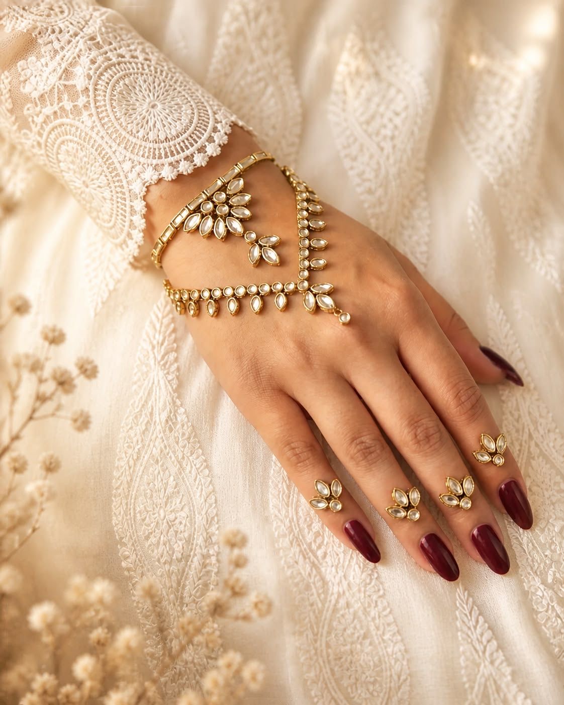 Leaf Kundan Bracelet Style Mehndi Stickers / Self Adhesive Bridal Hand Jewellery For Mehndi and Wedding