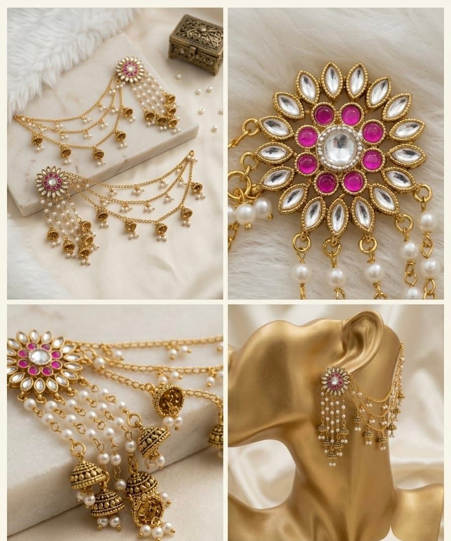 Antique Gold Bahubali Jhumka Earrings - 3 Layer Sahara Chain with  Kundan Flower Stud