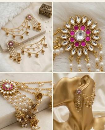 Antique Gold Bahubali Jhumka Earrings - 3 Layer Sahara Chain with Kundan Flower Stud