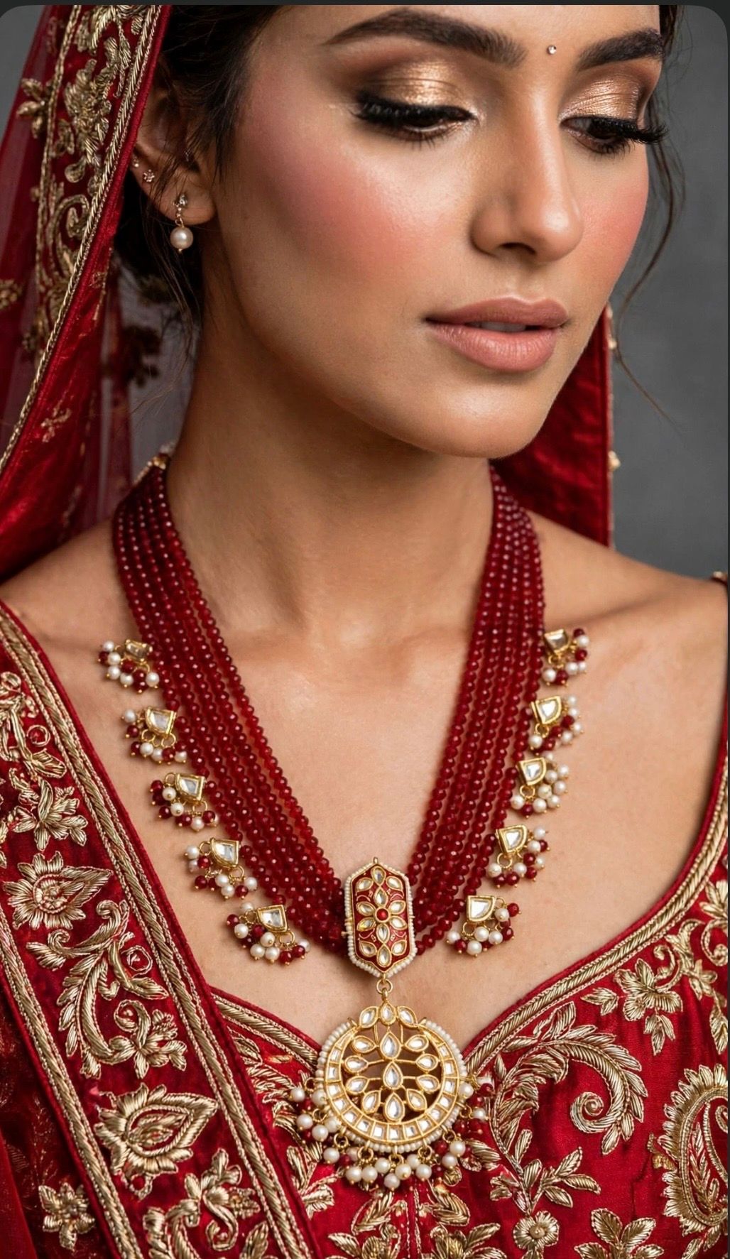 Bridal Red Beads Indian Kundan Mala Set  6 Layer Long Mala with menakari  Kundan Pendant