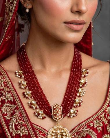 Bridal Red Beads Indian Kundan Mala Set 6 Layer Long Mala with menakari Kundan Pendant