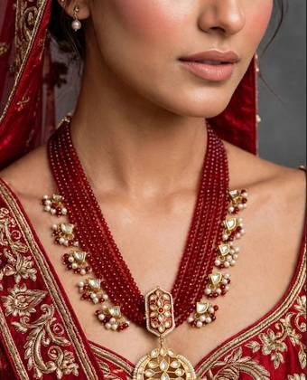 Bridal Red Beads Indian Kundan Mala Set 6 Layer Long Mala with menakari Kundan Pendant