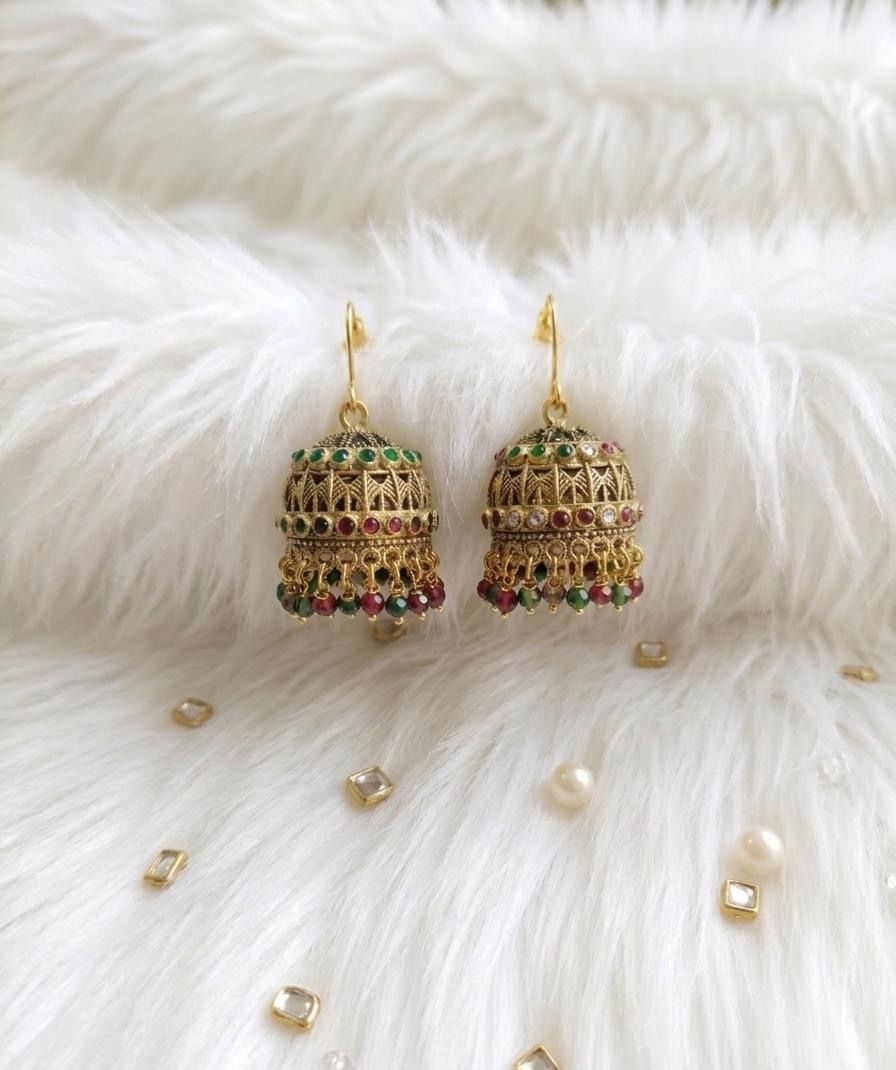 Antique Gold Multicolor Jhumka Earrings  Traditional Nauratan Bridal Jhumki