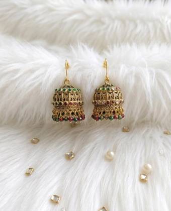 Antique Gold Multicolor Jhumka Earrings Traditional Nauratan Bridal Jhumki