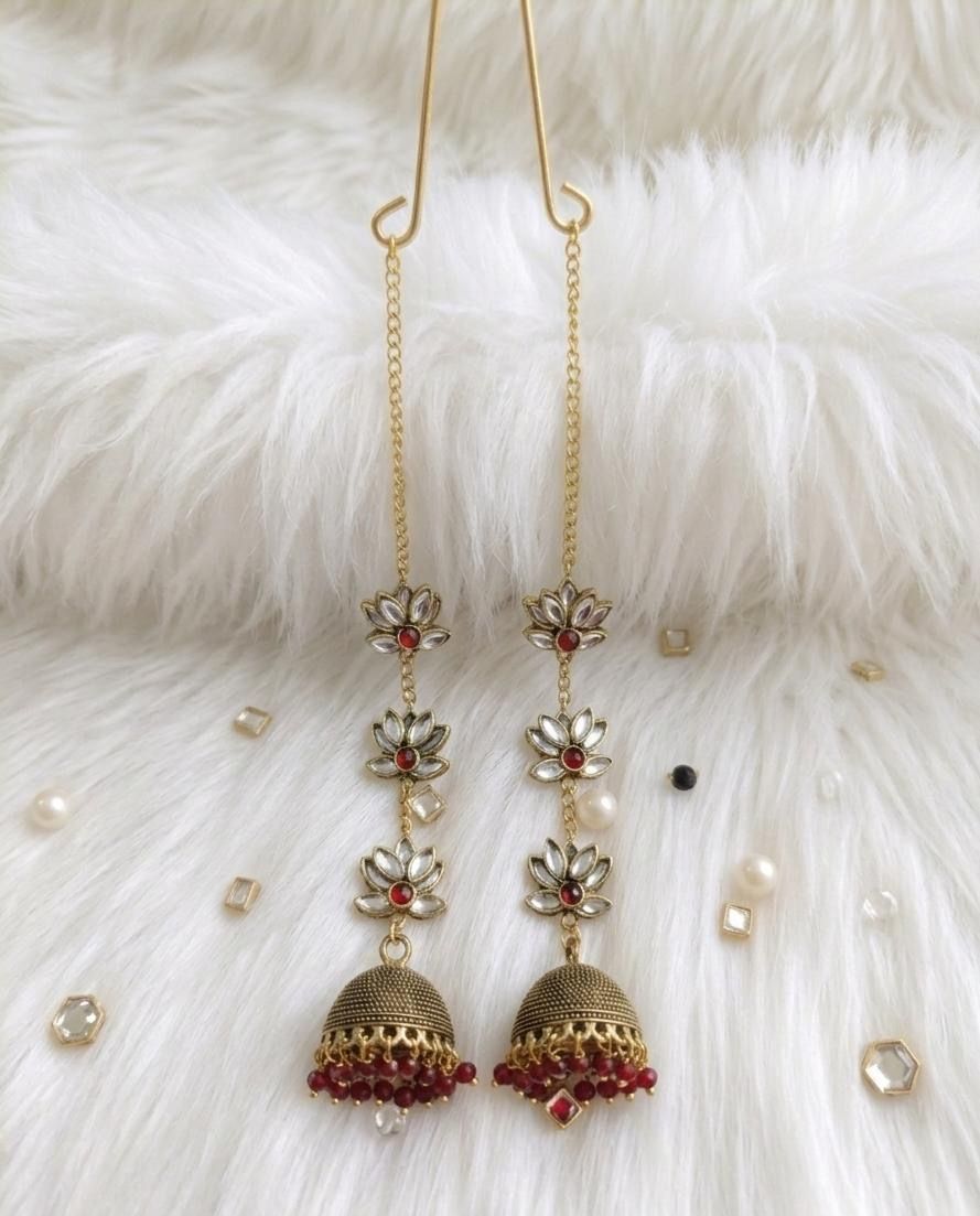 Antique Gold Lotus Kundan Kaan Chain Jhumka Earrings