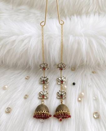 Antique Gold Lotus Kundan Kaan Chain Jhumka Earrings