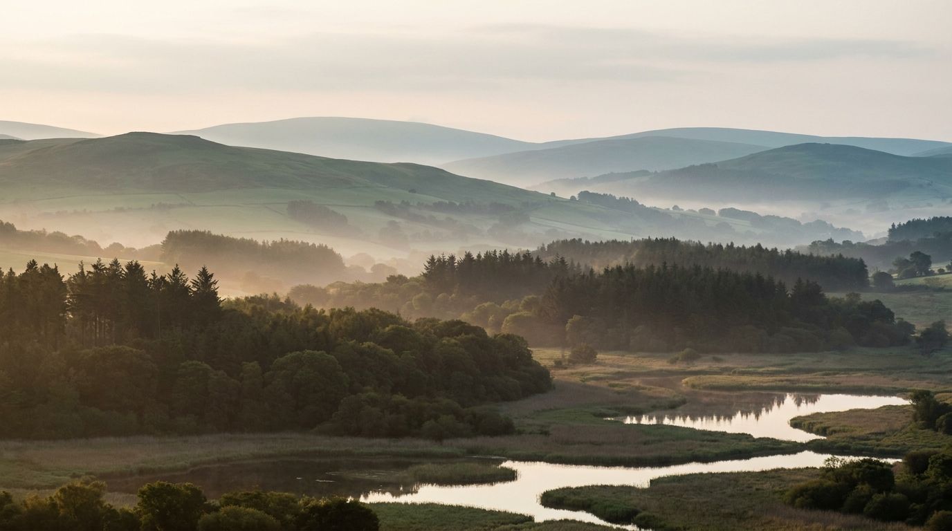 A misty UK protected landscape: layered hills, woodland and a wetland in the foreground