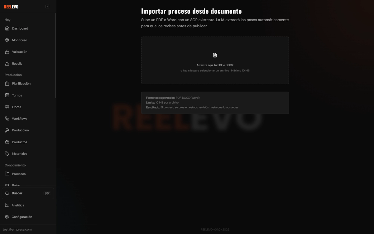 Pantalla de REELEVO para importar un proceso desde un documento Word o PDF