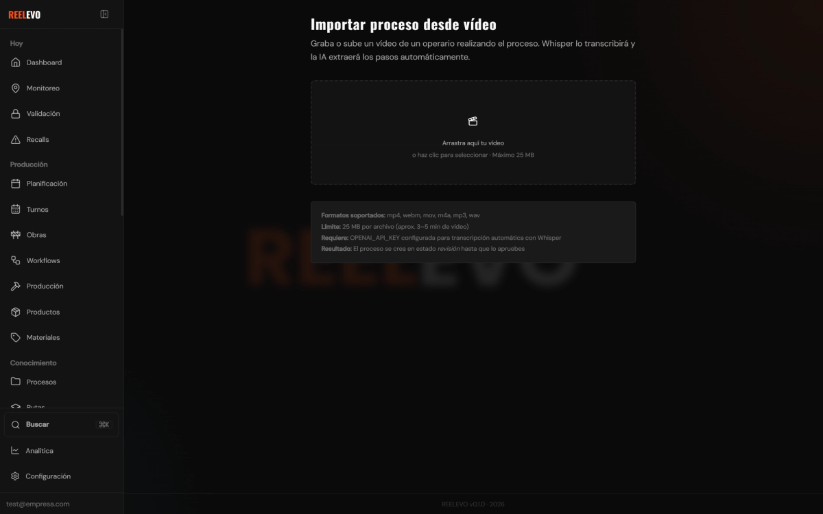 Pantalla de REELEVO para importar un proceso a partir de un vídeo del operario experto