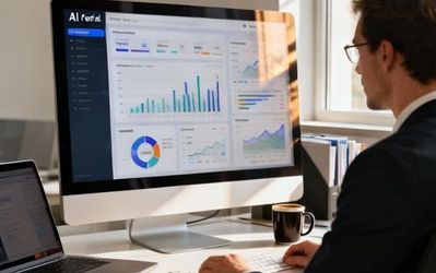 Data analyst using AI portal interface on computer screen with analytics dashboards