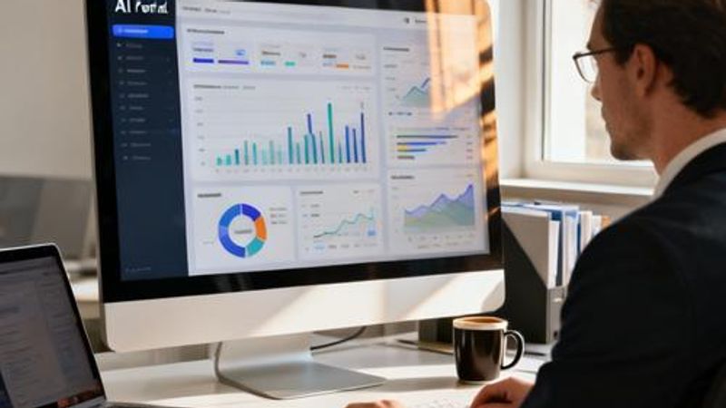 Data analyst using AI portal interface on computer screen with analytics dashboards