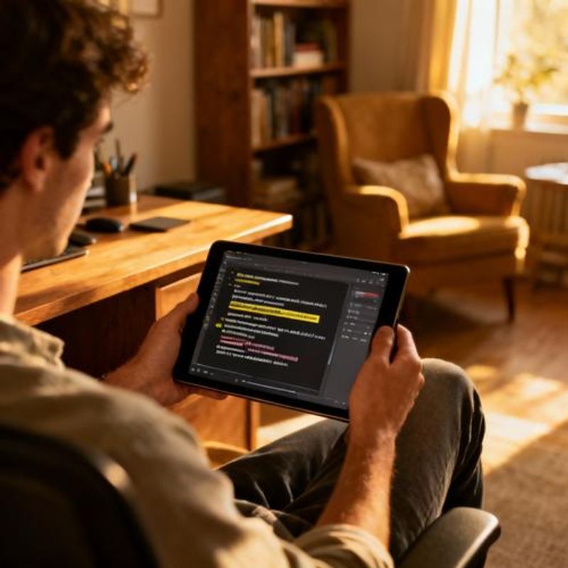 Content creator reviewing AI-generated content on tablet
