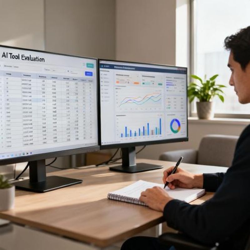 Data analyst evaluating AI tool features on multiple monitors with spreadsheets and dashboards