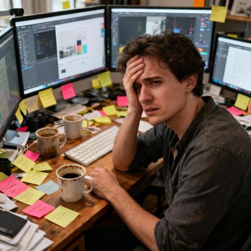 Frustrated content creator surrounded by deadlines and creative blocks