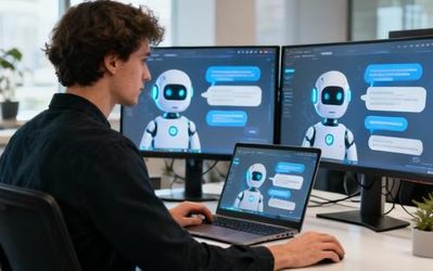 Content creator using AI chatbot tools on laptop with multiple screens showing content creation workflow