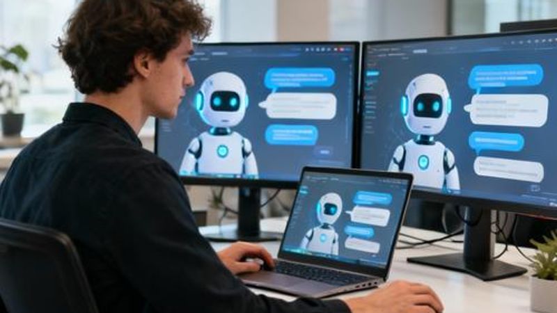 Content creator using AI chatbot tools on laptop with multiple screens showing content creation workflow