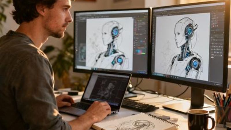 Content creator using AI art generator on computer with digital artwork displayed on multiple screens