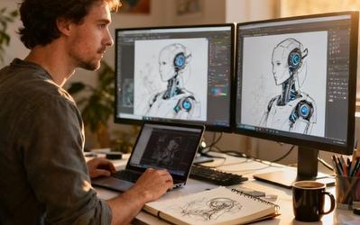 Content creator using AI art generator on computer with digital artwork displayed on multiple screens