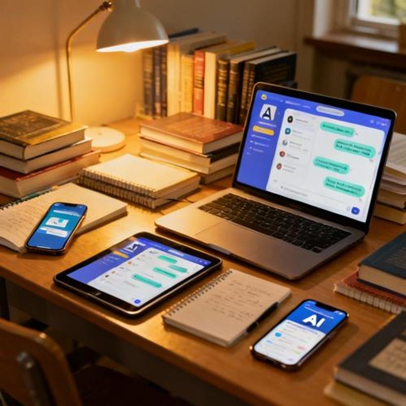 Multiple AI chat interfaces displayed on student desk with textbooks