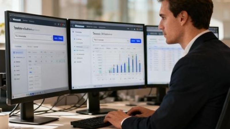 Data analyst using AI search tools on computer dashboard with multiple data visualizations