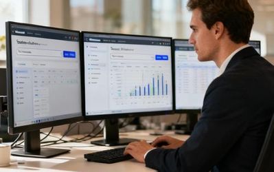 Data analyst using AI search tools on computer dashboard with multiple data visualizations