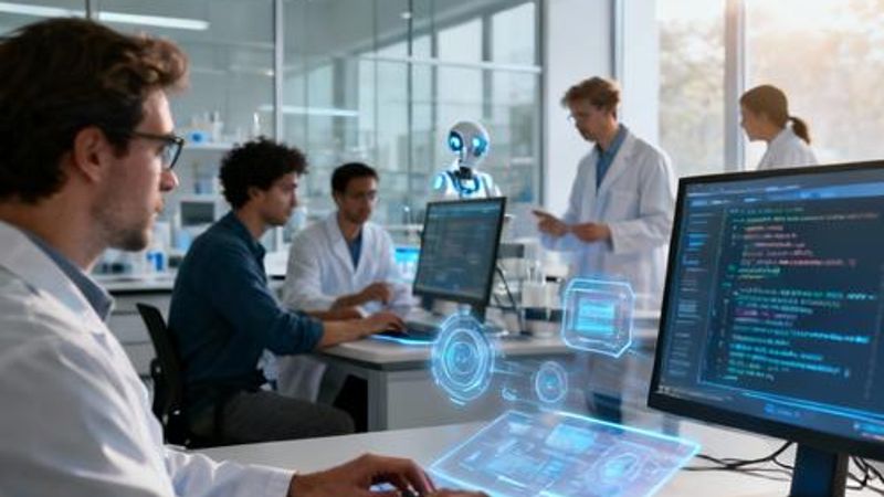 Scientists collaborating with AI technology in a modern research laboratory