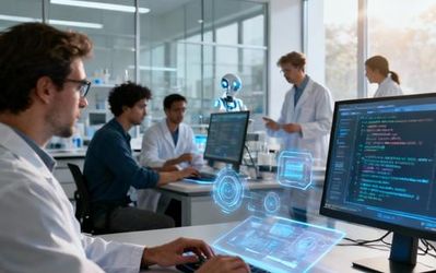 Scientists collaborating with AI technology in a modern research laboratory