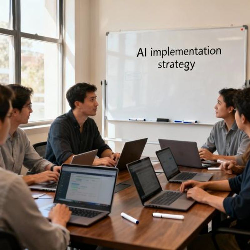 Team meeting discussing AI implementation strategy with whiteboard and laptops
