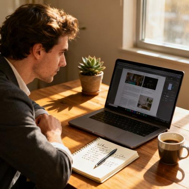 Content creator reviewing AI-generated content on laptop screen