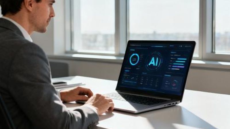 Modern entrepreneur working with AI tools on laptop in bright office workspace