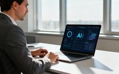 Modern entrepreneur working with AI tools on laptop in bright office workspace