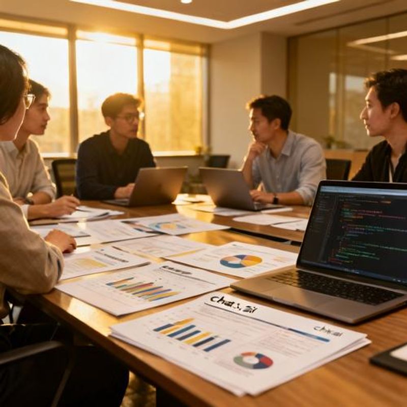 Team meeting discussing AI chat implementation strategy with laptops and documents on table