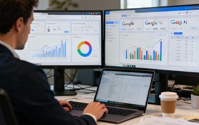 Data analyst working with Google AI tools on multiple monitors displaying charts and analytics dashboards