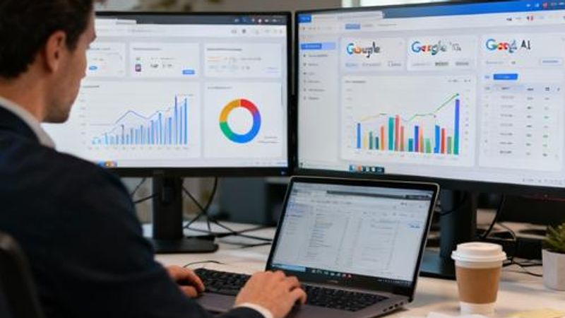 Data analyst working with Google AI tools on multiple monitors displaying charts and analytics dashboards