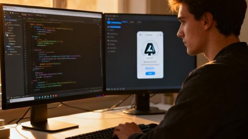 Programmer working with AI tools on multiple monitors showing code and AI interface