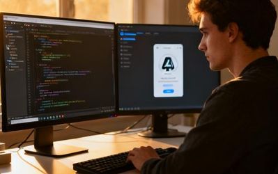 Programmer working with AI tools on multiple monitors showing code and AI interface