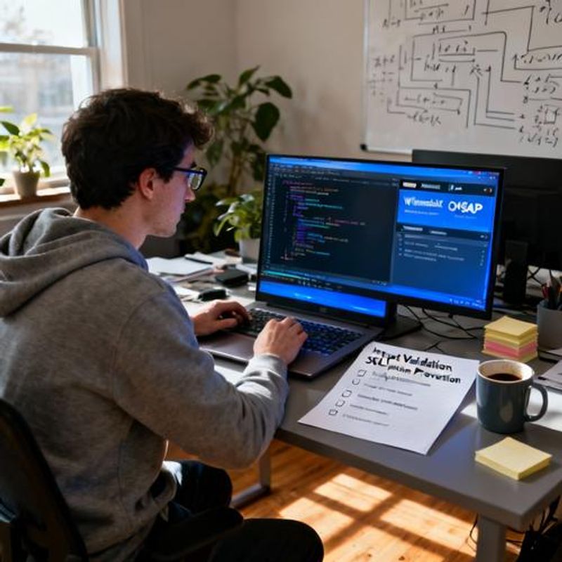 Developer reviewing AI-generated code with security checklist and testing tools open