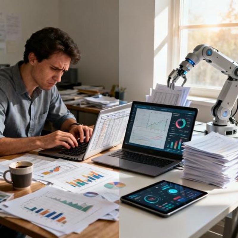 Split screen showing inefficient manual data analysis versus automated AI-powered analytics workflow