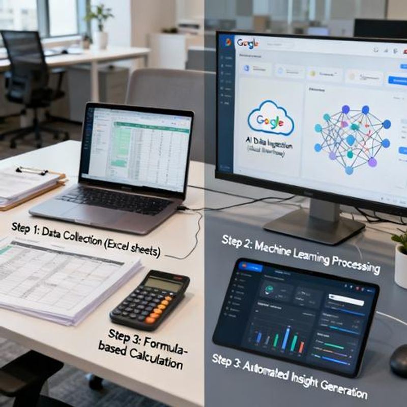 Split screen showing traditional data analysis vs Google AI-powered analysis workflow