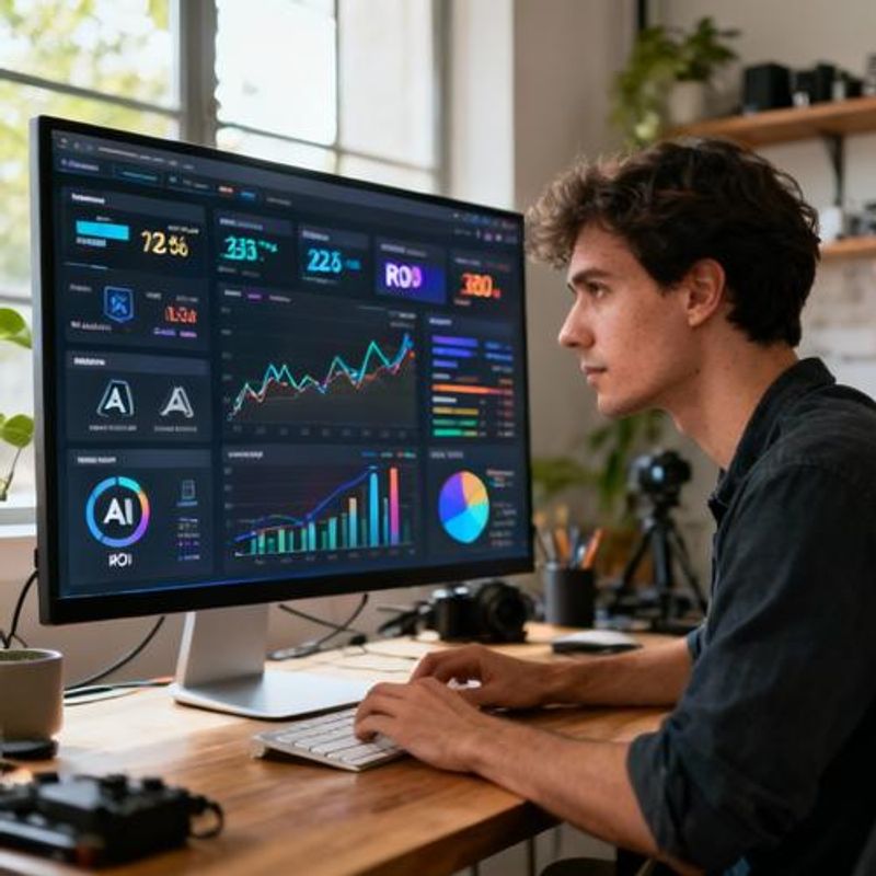 Content creator reviewing analytics dashboard showing AI tool performance metrics