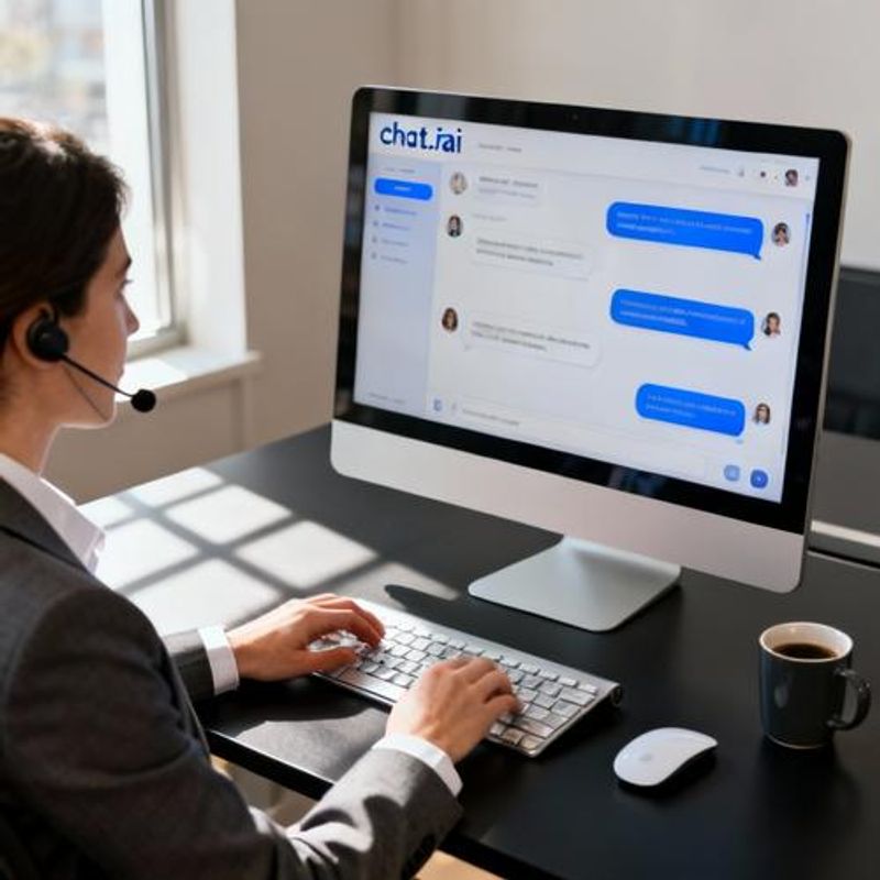Customer service representative using AI chat interface to handle multiple conversations simultaneously