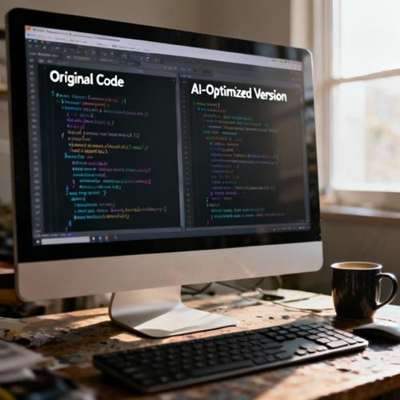 Split screen showing before and after code optimization with AI suggestions