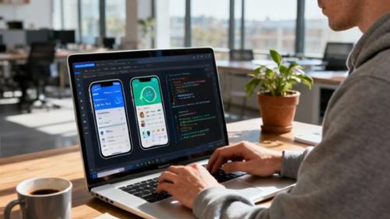 Developer using AI apps generator on laptop with multiple app prototypes on screen