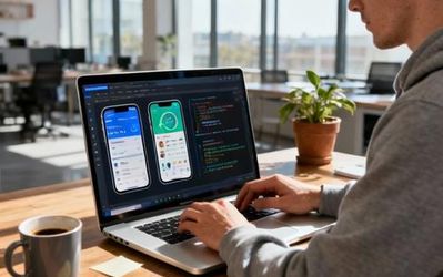 Developer using AI apps generator on laptop with multiple app prototypes on screen